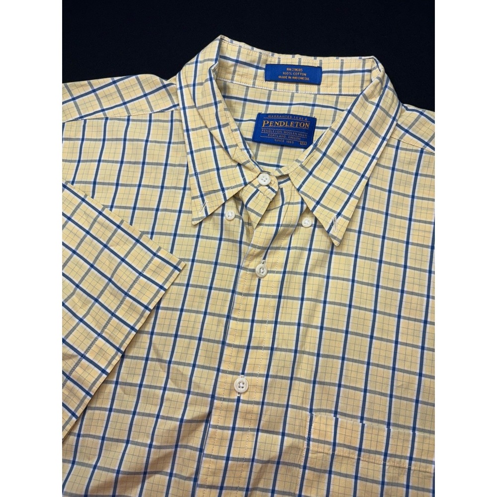 Pendleton‎ Short Sleeve Plaid Button Up Shirt Mens XL Yellow Blue Check Cotton